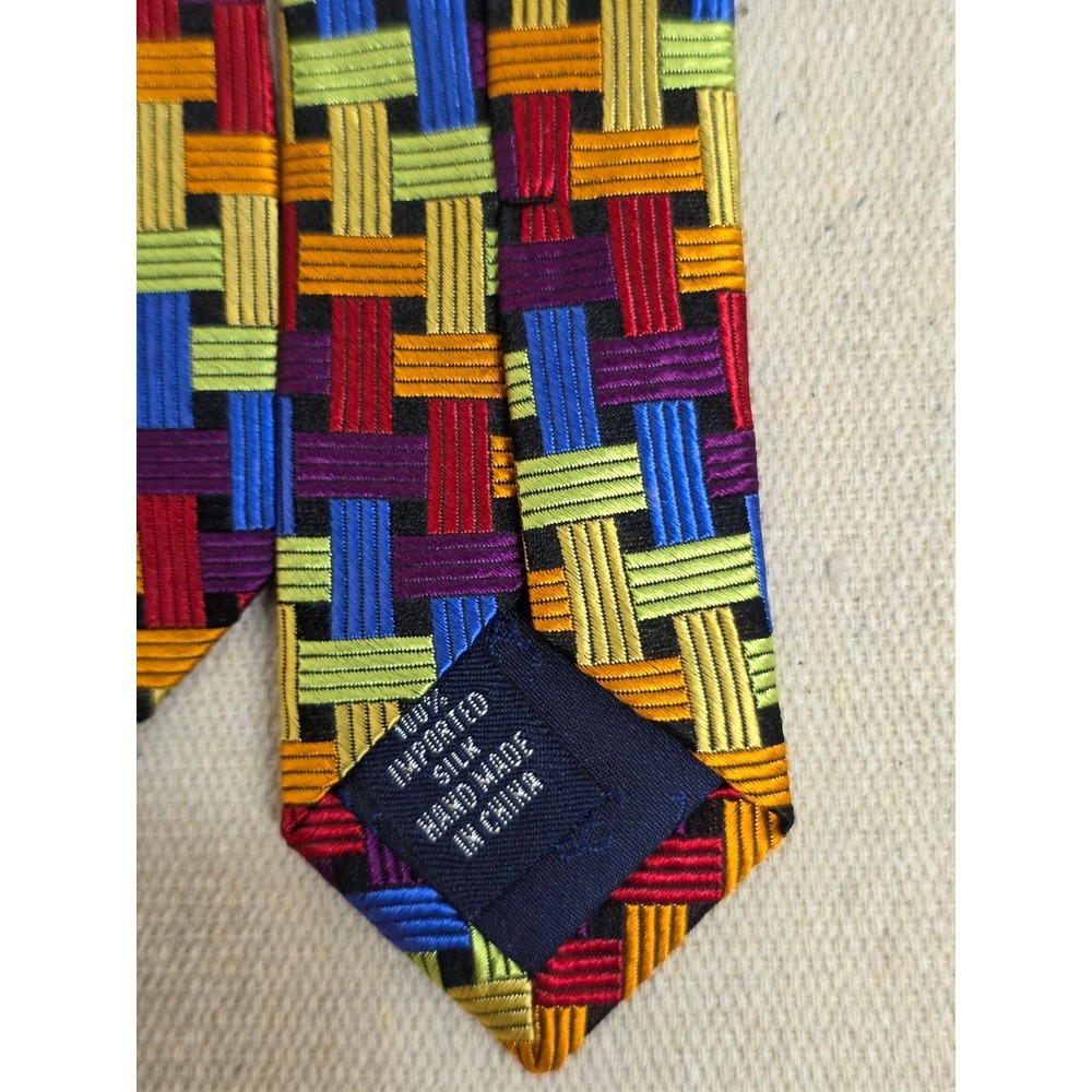 Paul Fredrick Mens Silk Tie Multi Color Basketweave Geometric Hand Made Necktie - Picture 4 of 7